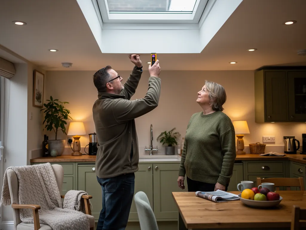 A surveyor measuring a ceiling opening