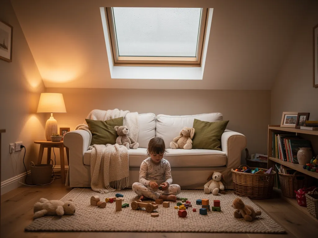 A child playing in a warm room under a rooflight