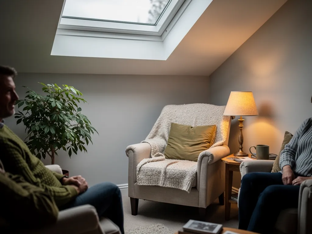 A warm snug lit by a flat-roof rooflight