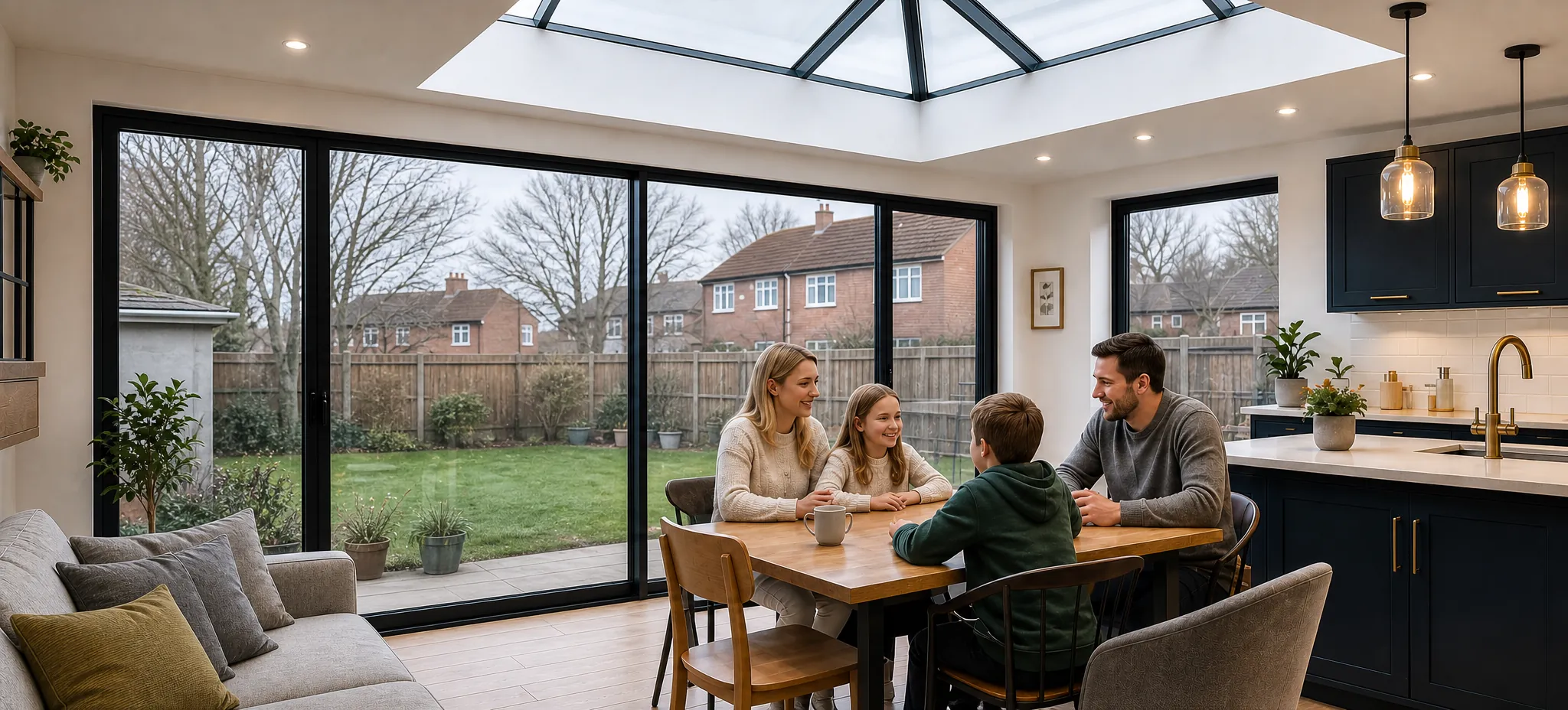 A family round the table in a bright kitchen-diner extension under a new roof lantern on a grey winter day
