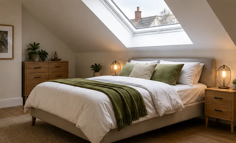 A warm loft bedroom under a roof window, olive throw on the bed