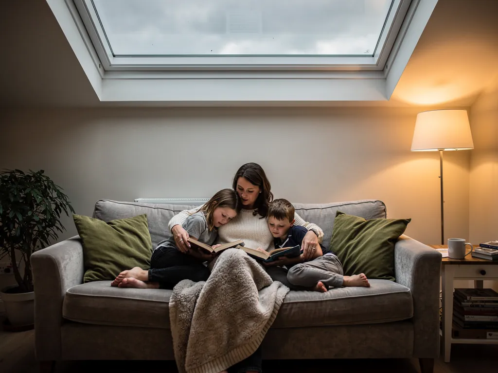 A family relaxing under a roof lantern on a grey day