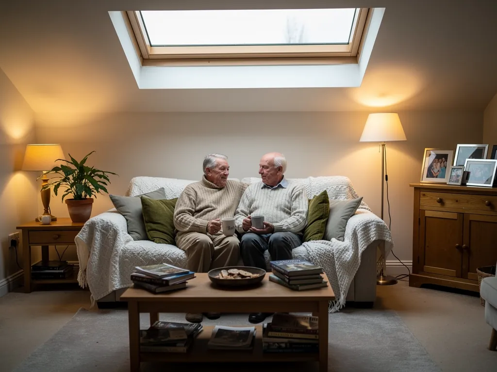 A bungalow living room under a new rooflight