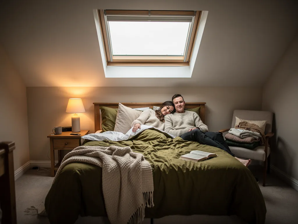 A chalet bungalow bedroom with a roof window