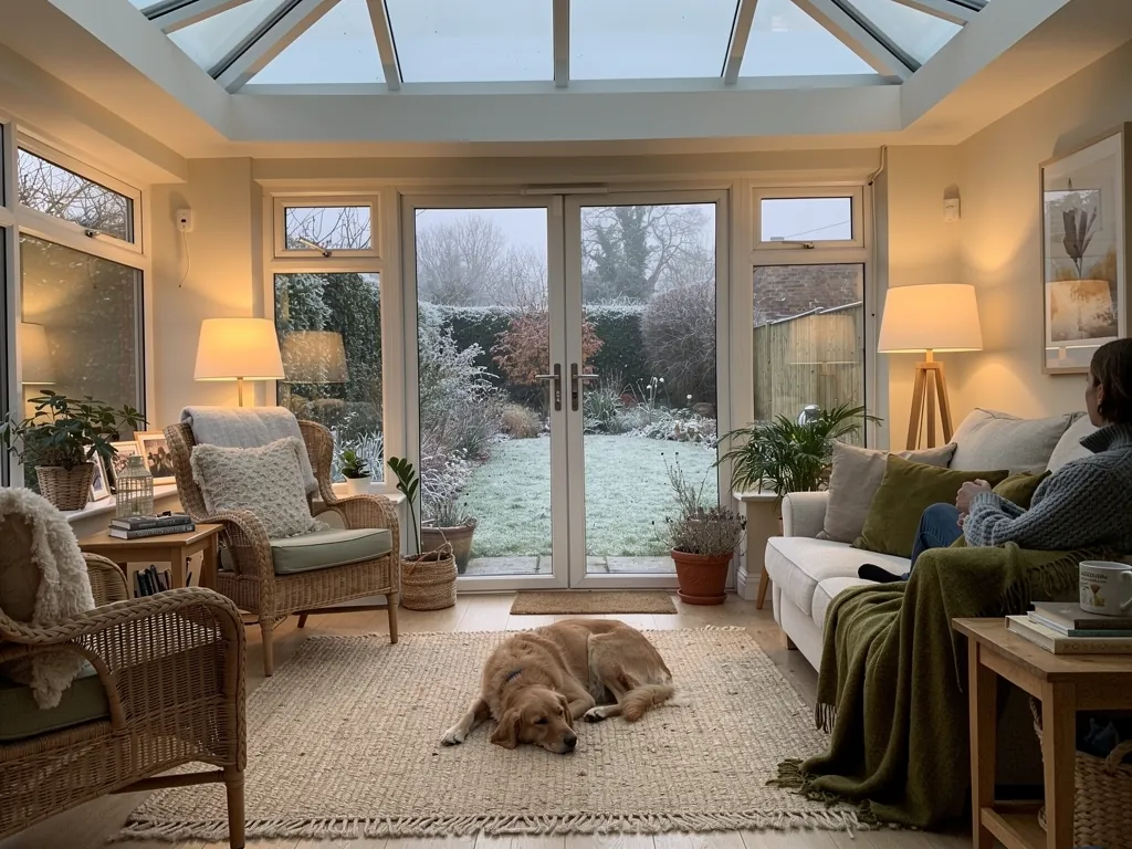 A garden room under a roof lantern on a frosty day