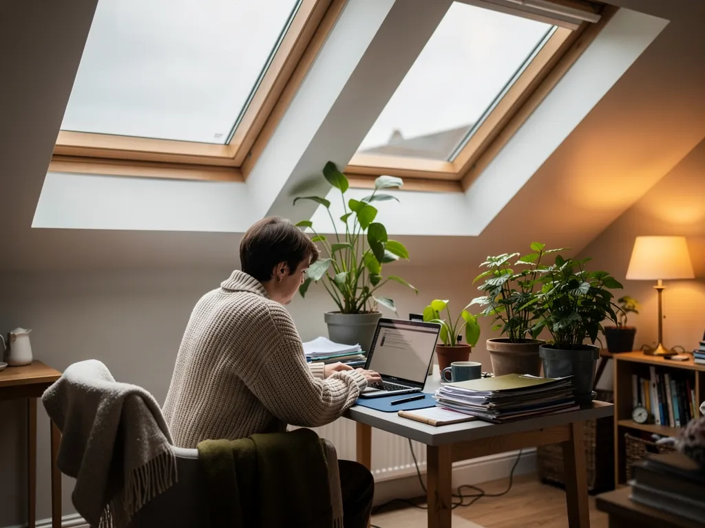 A loft home office with two roof windows