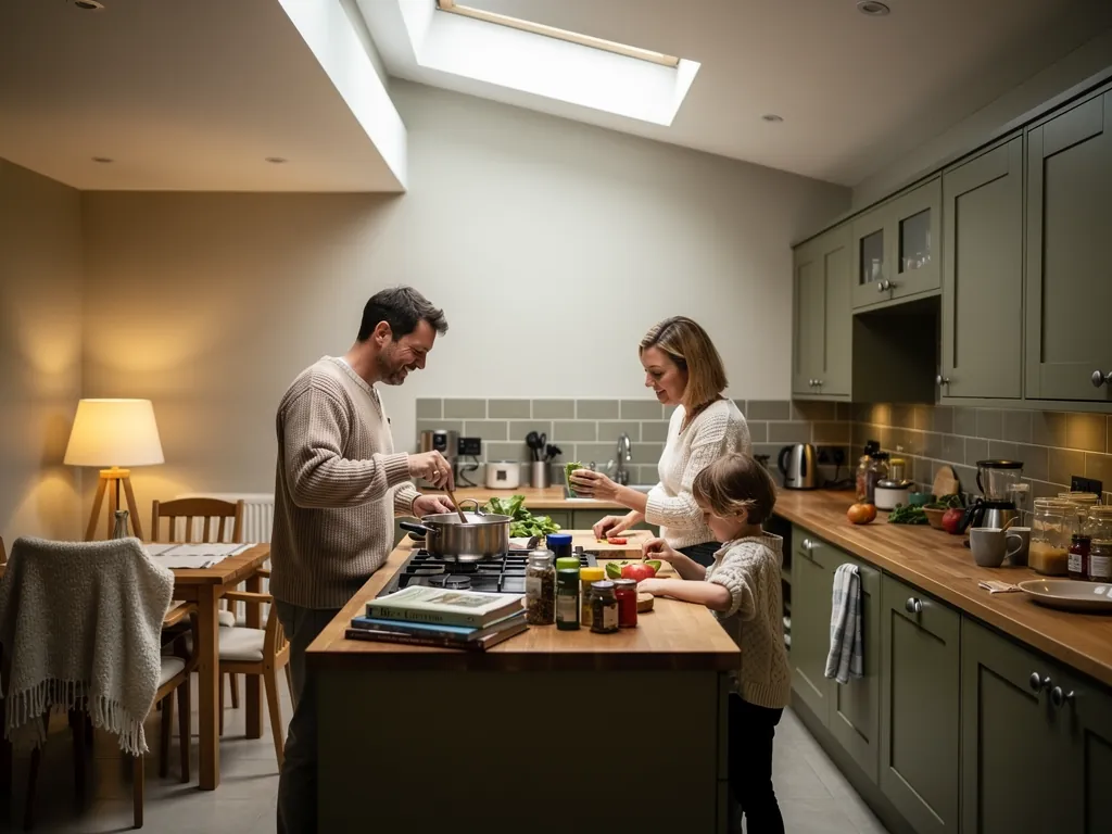 A side-return kitchen under a slim rooflight