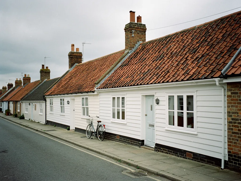 Weatherboarded cottages with clay-tiled roofs
