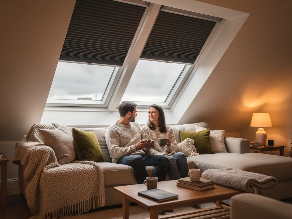 A loft lounge with a roof window and a fitted blind